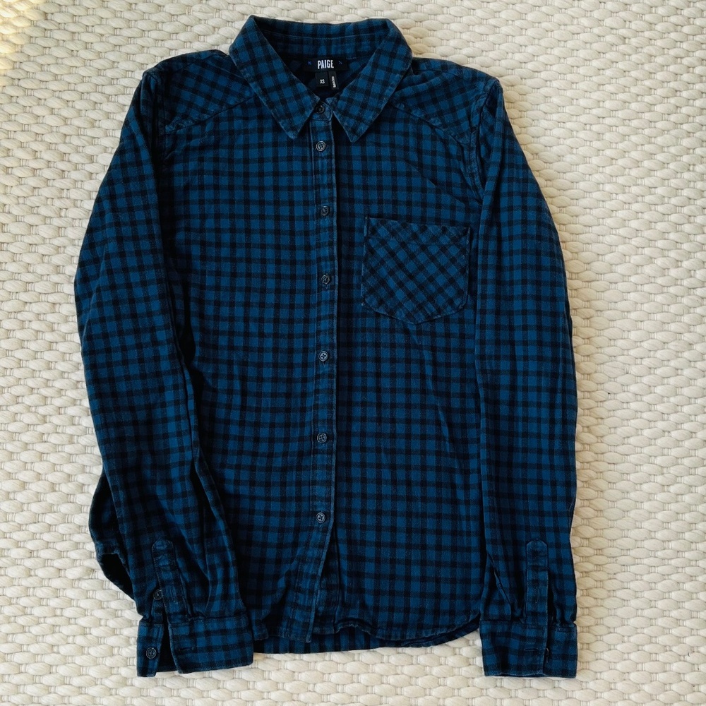 Paige Women’s Flannel Blue Black Plaid Button Down Long Sleeve Shirt XS Grunge